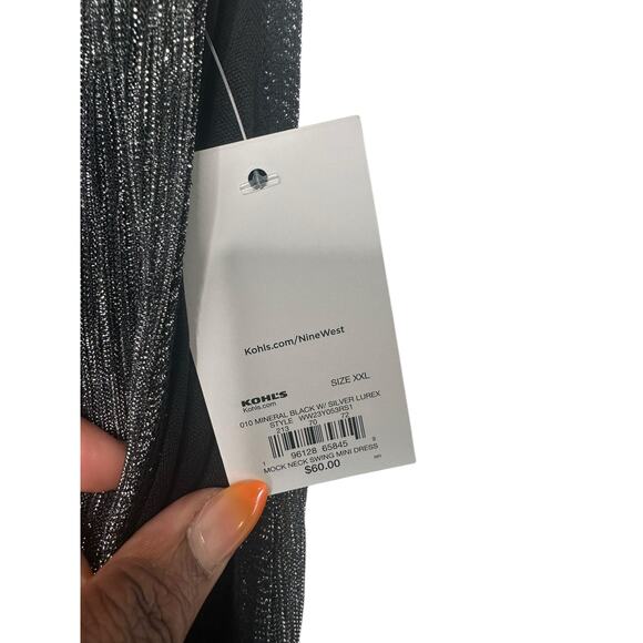 Nine West Silver Mockneck Swing Mini Dress Party Plus Metallic Disco Size XXL - Picture 3 of 11